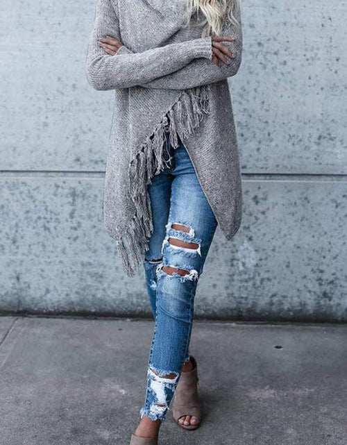 Load image into Gallery viewer, Women'S Open Front Knited Tassels Slash Loose Cardigan Crew Neck Speckled Fringe Sweater Outwear
