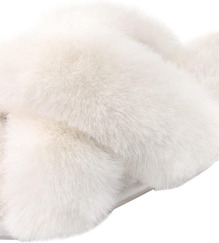 Women'S Cross Band Slippers Fuzzy Soft House Slippers Plush Furry Warm Cozy Open Toe Fluffy Home Shoes Comfy Indoor Outdoor Slip on Breathable
