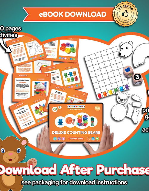 Load image into Gallery viewer, Jumbo Counting Bears Matching Game - Montessori Fine Motor Learning Toys with Stacking Cups, 60 Preschool Math Manipulatives, 2 Toddler Games Dice, Toy Storage &amp; Activities Ebook
