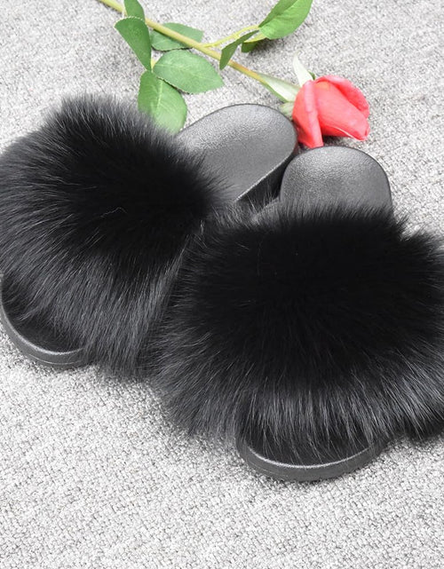 Load image into Gallery viewer, Real Fox Fur Slides for Women - Furry Slides Fluffy Fur Slippers Open Toe Flat Slides Fur Sandals Outdoor
