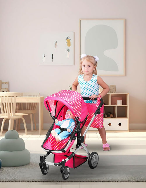 Load image into Gallery viewer, Foldable Pram for Baby Doll with Polka Dots Design with Swiveling Wheel Adjustable Handle
