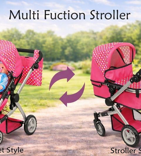 Foldable Pram for Baby Doll with Polka Dots Design with Swiveling Wheel Adjustable Handle