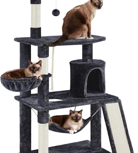 63.5In Multi-Level Cat Tree Tower Condo with Scratching Posts, Platform & Hammock, Cat Activity Center Play Furniture for Kittens, Cats & Pets
