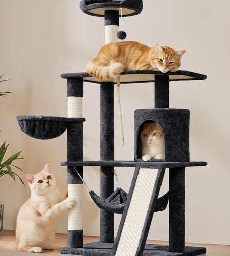 63.5In Multi-Level Cat Tree Tower Condo with Scratching Posts, Platform & Hammock, Cat Activity Center Play Furniture for Kittens, Cats & Pets