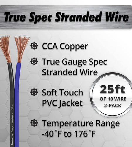 10 Gauge Wire (50Ft) Copper Clad Aluminum CAA - Primary Automotive Wire, Car Amplifier Power & Ground Cable, Battery Cable, Car Audio Speaker Stereo, RV Trailer Wiring Welding Cable 10Ga