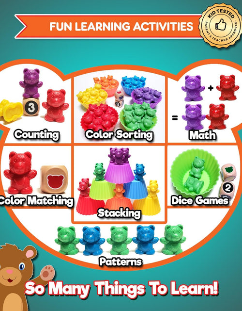 Load image into Gallery viewer, Jumbo Counting Bears Matching Game - Montessori Fine Motor Learning Toys with Stacking Cups, 60 Preschool Math Manipulatives, 2 Toddler Games Dice, Toy Storage &amp; Activities Ebook
