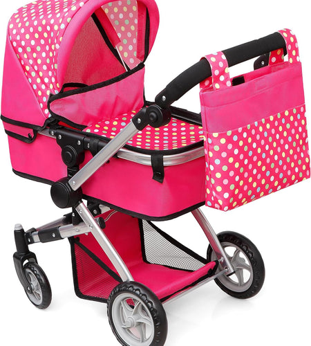 Foldable Pram for Baby Doll with Polka Dots Design with Swiveling Wheel Adjustable Handle