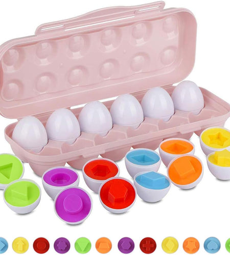 Color Shape Matching Eggs for Toddlers, Preschool Learning Educational Sorting Easter Eggs Toys Gift Recognition Skills for Kids Boys Girls with Pink Eggs Holder, 12 Eggs